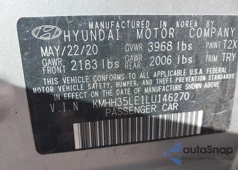 2020 Hyundai Elantra Gt z USA, uszkodzony, nr VIN KMHH35LE1LU146270